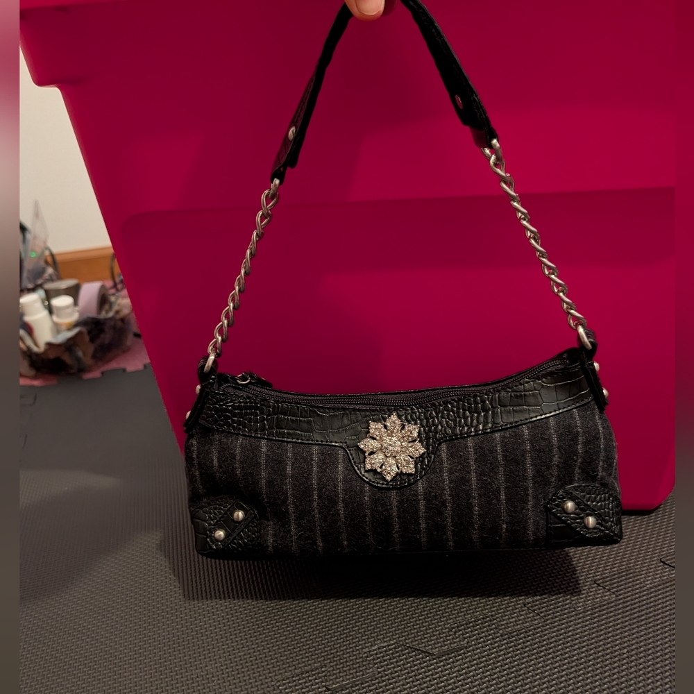 Vintage Y2K 2000s Marshall Fields mini bag black white pinstripe rhinestones